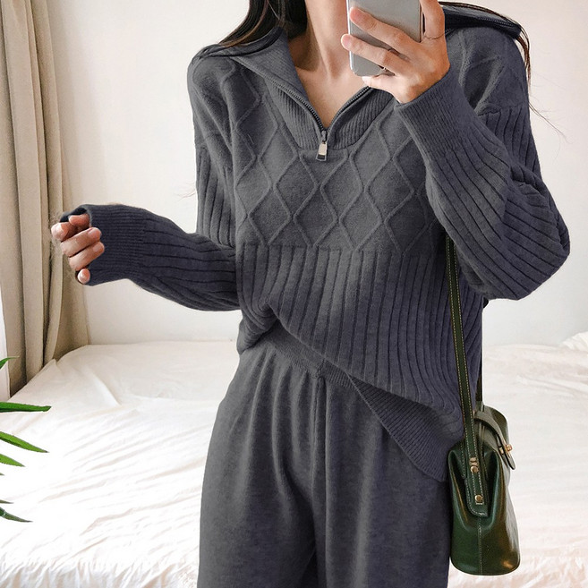 요시아나 [당일발송] 앙드와 반집업 폴라 니트 와이드 니트 팬츠 투피스 세트 2컬러