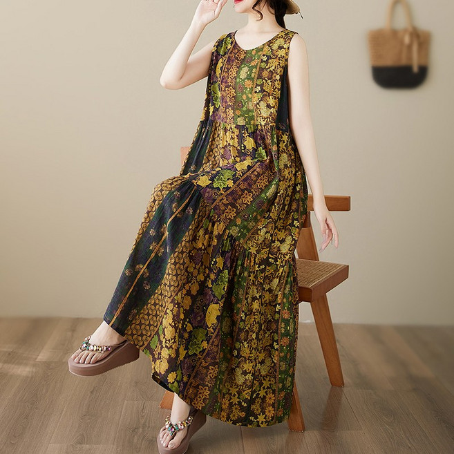 티티웍스 중년여성 빅사이즈 셔링 A라인 캉캉 프린트 민소매 롱 원피스 휴양지 홈드레스