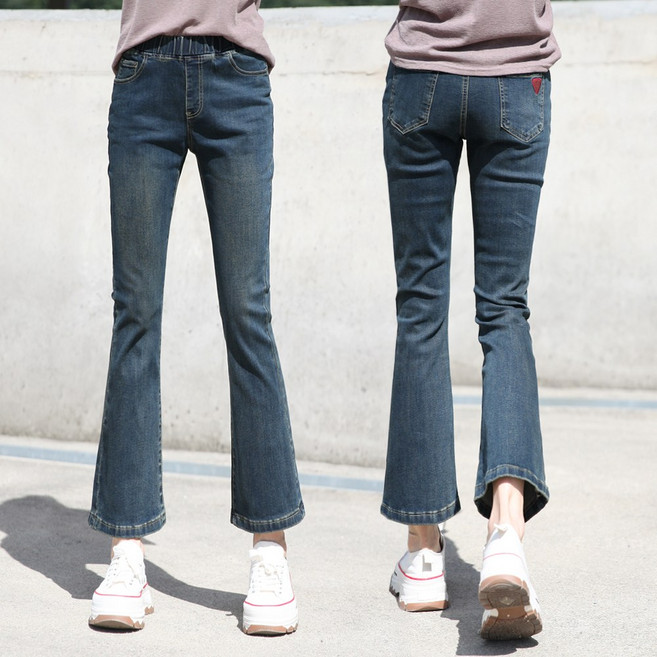 동대문스타일 여성 세미 부츠컷 청바지 빈티지 페이드 워싱 스판 밴딩 8부 9부 데님