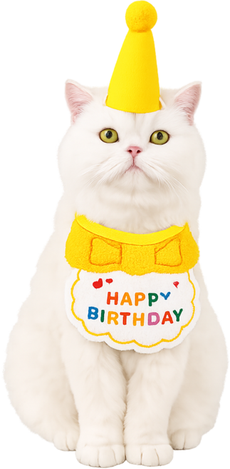 懶懶喵 寵物生日裝扮 慶生裝飾 多款可選, 1個, 生日套裝(口水巾+帽子), 黃色
