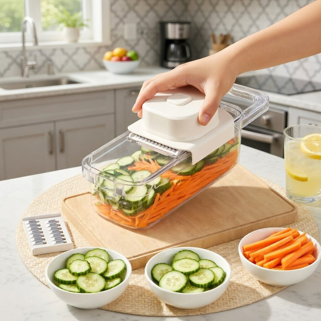 꼼수창고 스텐 만능 슬라이서 채칼 채반 야채 6종 세트, 1세트, 투명/베이지