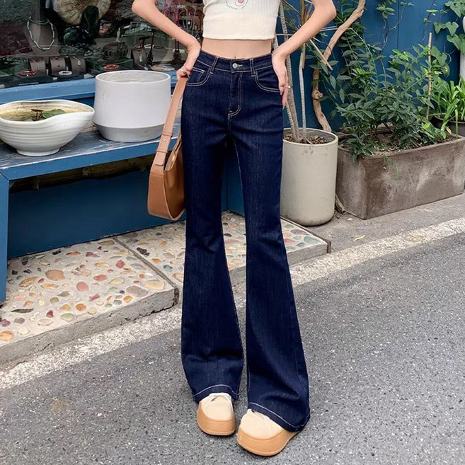 SAHINER 봄가을 여성용 하이웨이스트 부츠컷 와이드 롱 데님팬츠 BNZ38