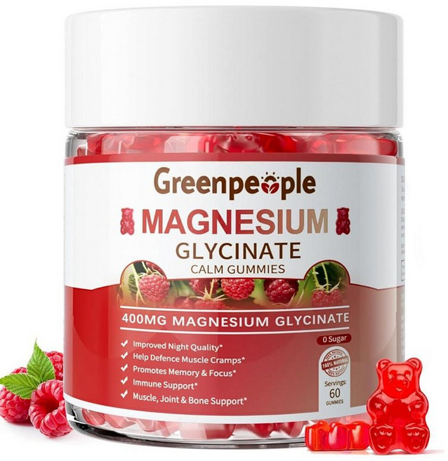 GREENPEOPLE 마그네슘 글리시네이트 젤리 - 무설탕 칼륨 보충제 말레이트 비타민 D B6 및 CoQ10 함유 진정 지원 수면을 위한 성인용 레몬, 60 Count (2개), Raspberry