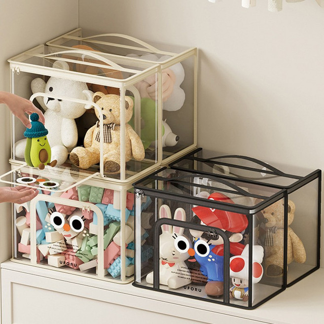 KDNC 투명 수납백 손잡이 인형 정리백 방진 2개, 1세트, 크림+블랙