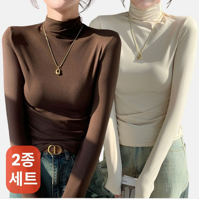 여성 소프트 피치기모 반목폴라 얇은 긴팔 티셔츠 2종 세트 베이직 스판 반폴라 터틀넥 봄 가을 겨울 이너티 반폴라 롱슬리브