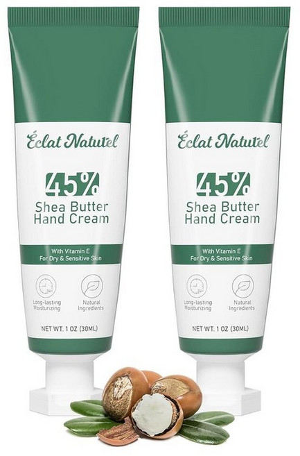 ÉCLAT NATUREL 시어 버터 핸드 크림 비타민 E 45% 모이스처라이저 건조한 손 딥 모이스처라이징 미니 여행용 사이즈 로션 세트 29.6ml 1온스 2팩 221752