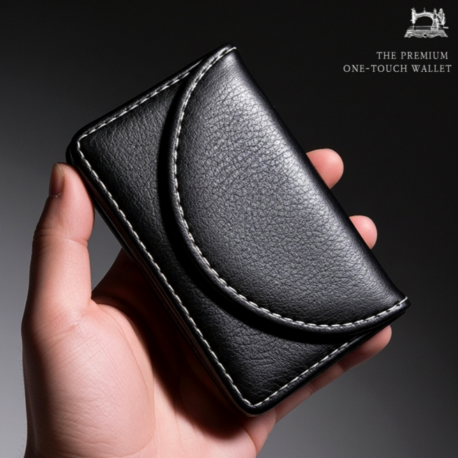 크레덴 원터치 명함 지갑 가죽 케이스, 1개, 블랙