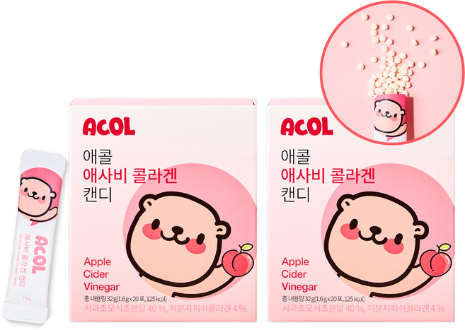 애콜 애사비캔디 복숭아맛 콜라겐 씹는 이너뷰티 루틴 40포 2박스 (40일), 2개, 32g