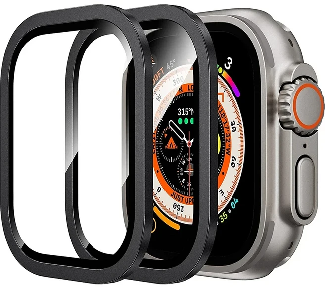 애플 워치 울트라2 합금 알루미늄 보호 케이스 2개 강화유리 49mm 스크린 호환, 검정