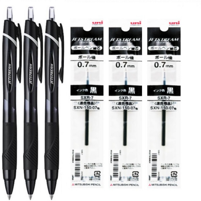 더주니 유니 제트스트림 SXN-150 단색 볼펜 3개 + 리필 3개 세트, 1개, 0.7mm 블랙 3개 + 리필 3개 세트