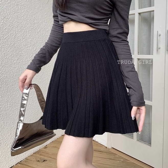 《杜達女孩》韓版厚款高腰坑條針織百褶短裙 傘狀收腰鬆緊腰半身裙