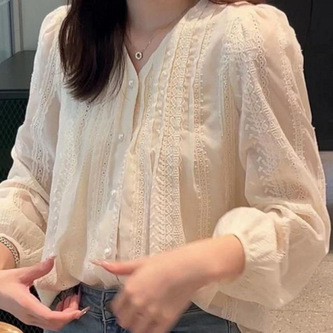 별하늘 여성용 펀칭 자수블라우스 긴팔 가디건 셔츠