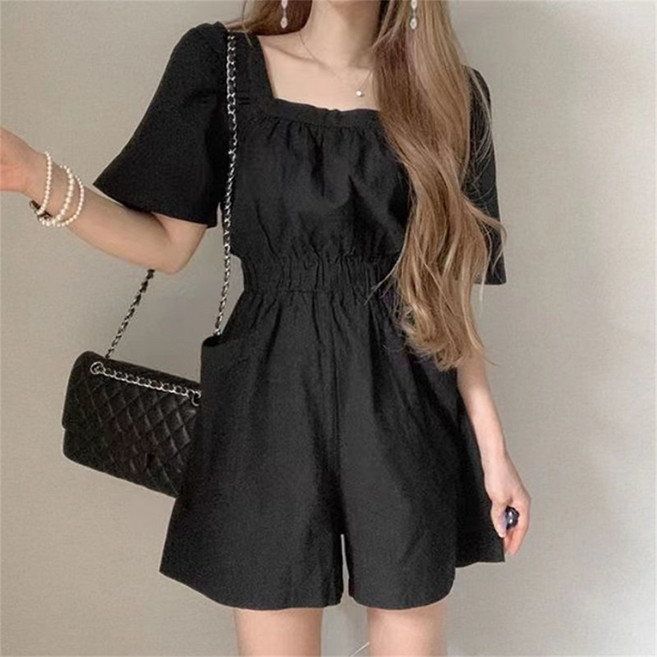 besteffie 여성 여름 점프수트 스퀘어넥 퍼프소매 린넨 혼방 캐주얼 여성면반바지 K89