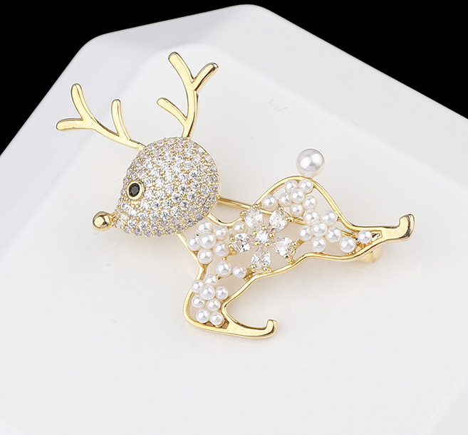 아름조이 큐티 크리스탈 큐빅 진주 사슴 브로치 AJB004