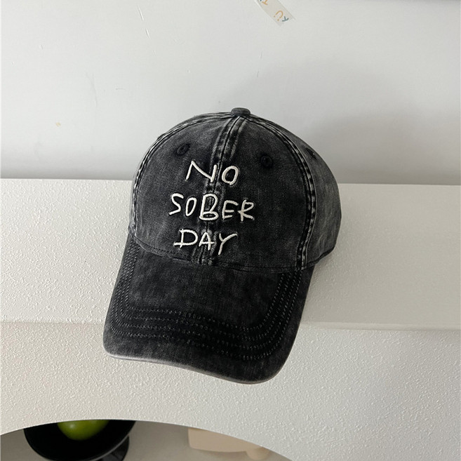 美式復古水洗軟頂字母刺繡棒球帽 NO SOBER DAY 鴨舌帽 男女通用, 黑色, 1個
