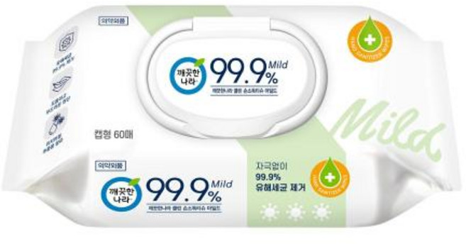 깨끗한나라 물티슈 SWT-ANT0036A클린손소독티슈 마일드캡60매 24개, 1개