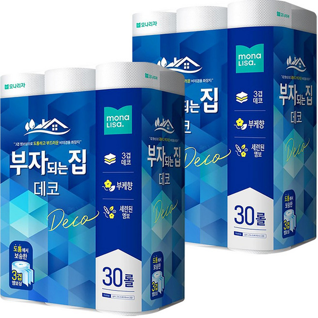 브랜드없음 모나리자 부자되는집 데코 화장지 3겹 27m, 모나리자 부자되는집 데코 3겹 30롤 x 2개  27m, 30개입, 2개