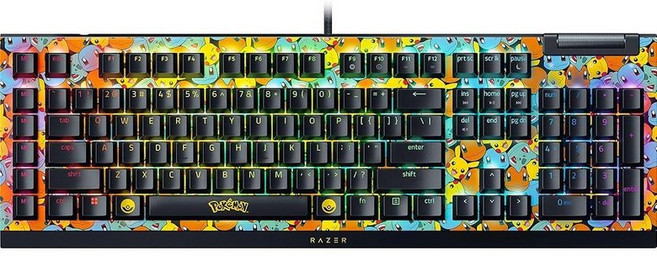 Razer 레이저 BlackWidow V4 X 기계식 게이밍 키보드: 옐로우 스위치 선형 무소음 6개의 매크로 키 크로마 RGB 더블샷 ABS 키캡 롤러 미디어 스냅 탭 237, 포켓몬 에디션