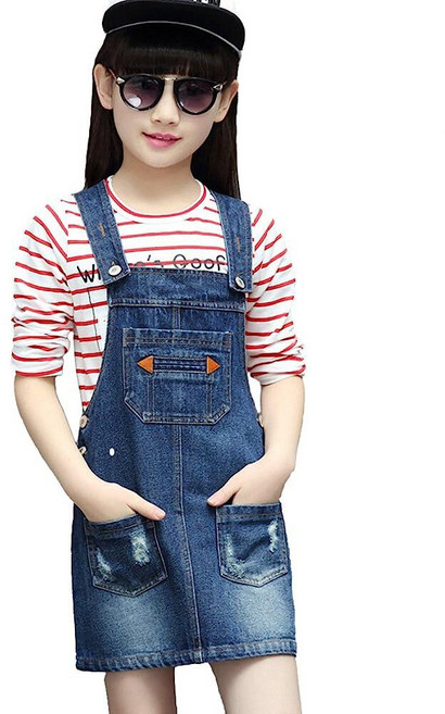 KIDSCOOL SPACE Baby Little Girls Fox Flowers 자수 레이스 데님 오버롤 드레스 블루-1995