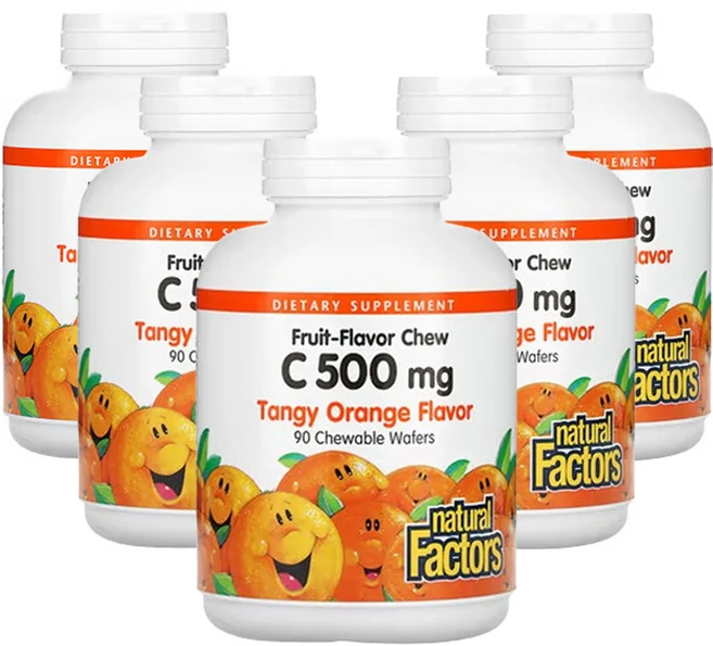 네추럴팩터스 과일 맛 츄 비타민C 탠지오렌지 500mg 츄어블 웨이퍼 90 개, 5개, 90캡슐 - 쿠팡