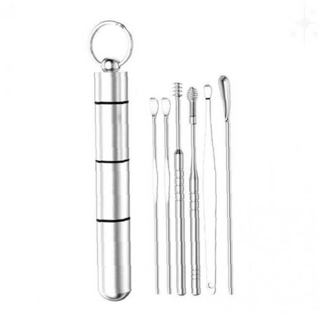 휴대용 스테인리스 귀청소 도구 6종 세트 위생 케어 키링 파우치 가정용, 1개, 1정