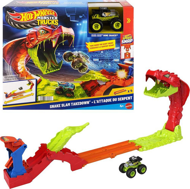 Hot Wheels 핫휠 Monster Trucks 장난감 토이 놀이 세트 스네이크 슬램 테이크다운 트랙 독점 본 쉐이커 차량 포함, Hot Wheels 핫휠 Monster Trucks 장