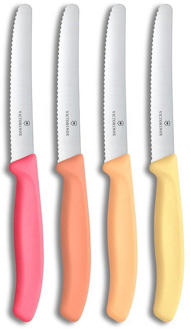 Victorinox 빅토리녹스 스위스 클래식 토마토 브레드 나이프 세트 4피스 날카로운 날 톱니 가장자리 11.4cm 4.3인치 스테인리스 스틸 블러시 오렌지 피치 옐로우 26, Victorinox 빅토리녹스 스위스 클래식 토마토 브
