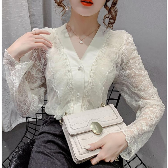 SAMARA 브이넥 레이스 시스루 셔츠 섹시 숏 블라우스