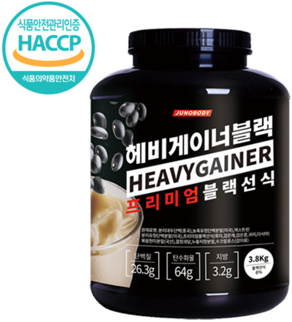 [주노바디] 헤비게이너 프리미엄 블랙선식 3.8kg 고소한 선식맛 체중증가쉐이크 단백질프로틴 벌크업단백질 헬스보충제 해썹인증, 헤비게이너블랙선식, 1개