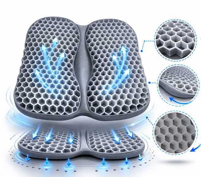 [내일도착] 젤 방석 쿨링 벌집 실리콘 트윈 자세교정 에어 책상 의자 사무실, 블랙