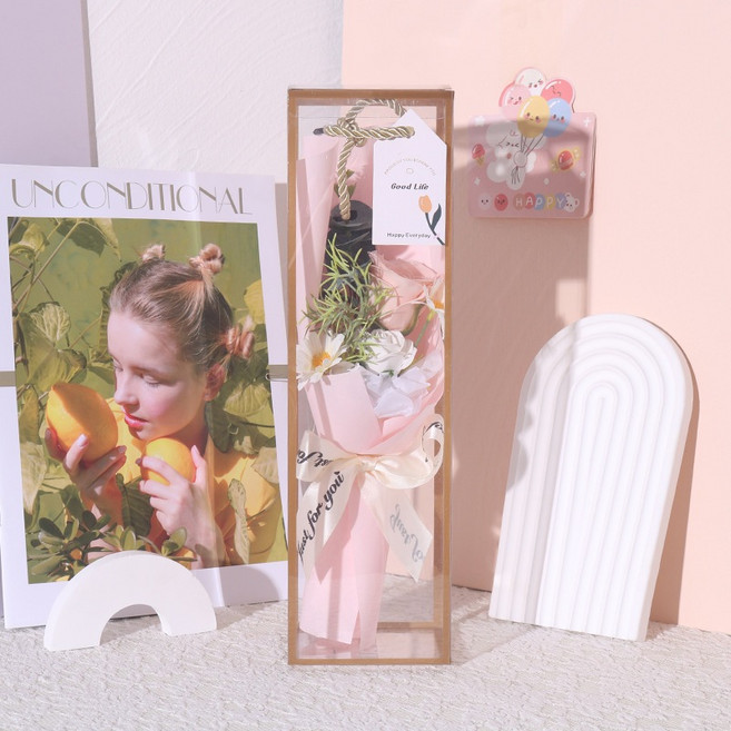 香皂玫瑰花束禮盒，附手提透明包裝，適合教師節、畢業季、七夕情人節、生日、求婚, 1個, 手提玫瑰花束_粉色