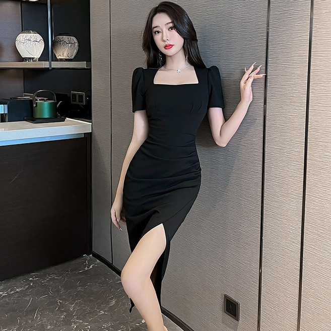 채윤러브 여성 스퀘어넥 섹시 파티 홀복 셔링 미디 원피스 CY0372A