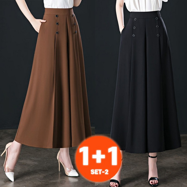 1+1 2장묶음 하이웨스트 캐주얼 와이드 치마바지 버튼 찰랑찰랑 빅사이즈 9부 밴딩 슬랙스 롱 플레어 중년여성 엄마바지