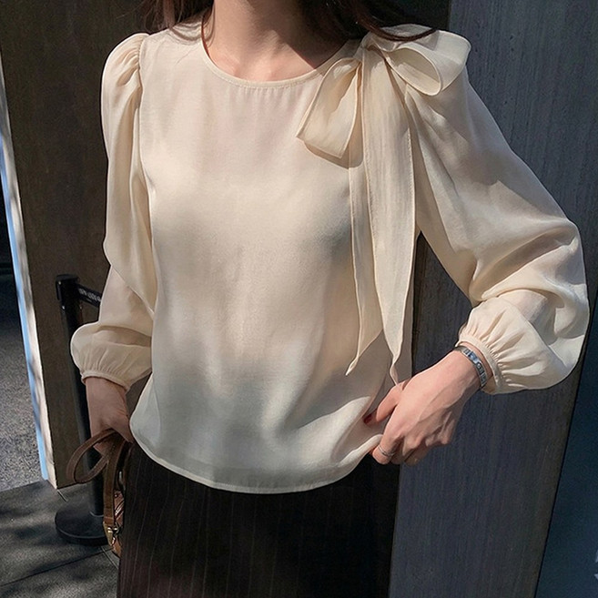 타니즈 이브렌 퍼프소매 타이 리본 긴팔 여성 블라우스