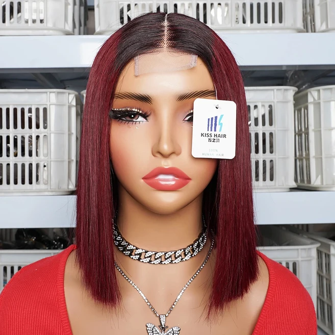 300% 뼈 스트레이트 짧은 밥 가발 T1B/99J 옹 브르 색상 2*4 클로저 더블 그린 베트남어 인간의 머리카락, 01 T1B-99J, 02 10인치, 01 300%