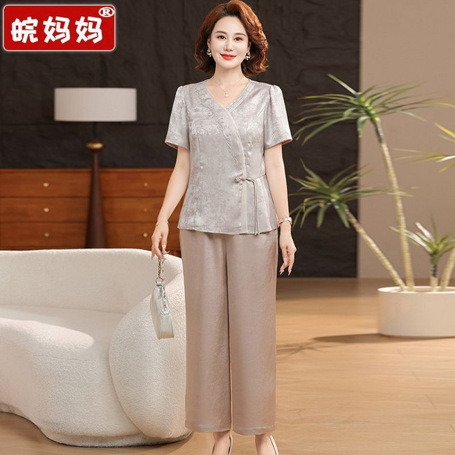 媽媽裝 夏季新款 短袖兩件套 40-50歲 中老年女裝 時尚套裝