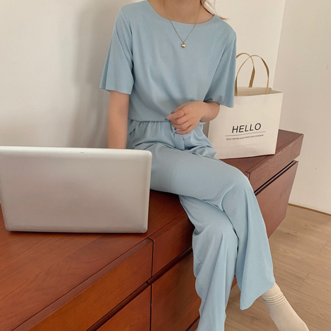 찰랑 골지 세트 여성 홈웨어 트레이닝 츄리닝 라운드 반팔티 바지