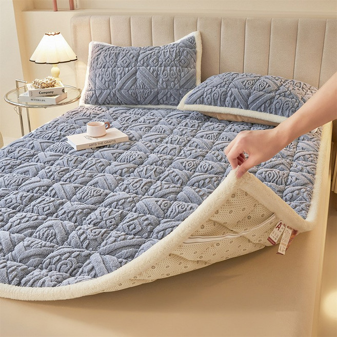 겨울 따뜻한 벨벳 극세사 침대패드 고정밴드, 파란색