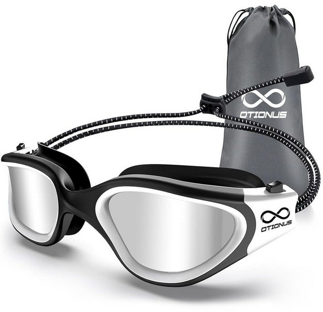 OtiON 온us 수영 고글 편광 성인용 고글 번지 스트랩 머리카락 당김 방지 김 서림 수영장 남성 여성용 178688, 21-블랙 화이트/편광 실버 도금