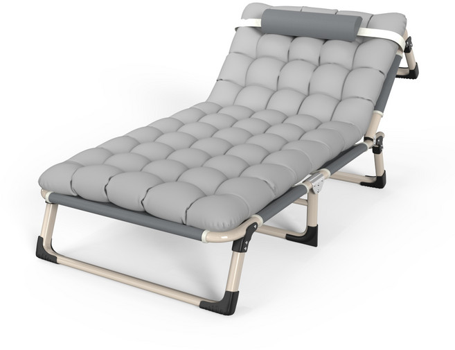 多功能摺疊床附頭枕 免安裝午睡躺椅, 加寬75cm方管三折床灰色加棉墊四檔