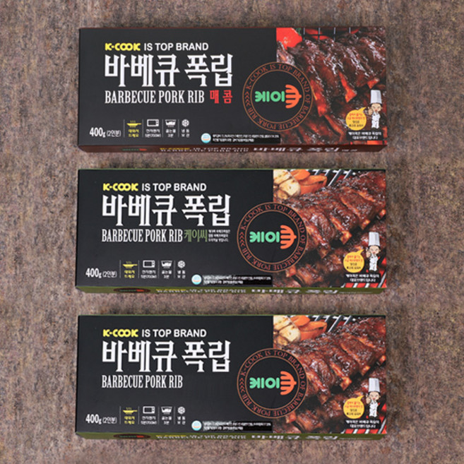 [케이쿡] 바베큐폭립 1팩+매콤폭립 1팩+숯불구이향폭립 1팩 팩당 400g, 1개