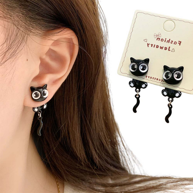 루베이 귀여운 블랙 캣 귀걸이 유니크 디자인 가볍고 편안 착용감 남녀공용