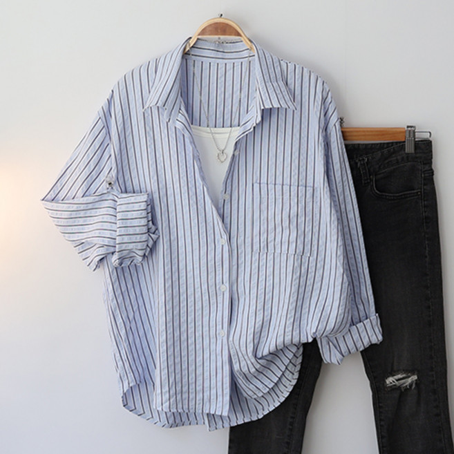 스카이코코 여성 긴팔 남방 드립 스트라이프 셔츠