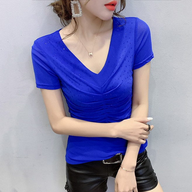 댄스복 상의 핫피스 브이넥 반팔 망사 스판 티셔츠 라인댄스복 뉴타임즈F2023