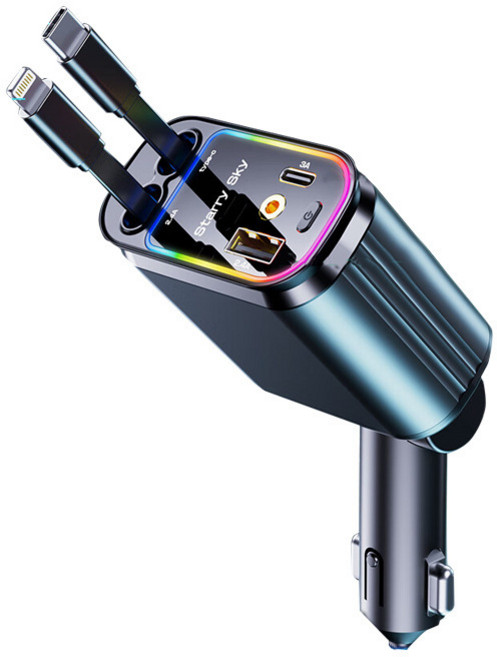 호밍사이 초고속 차량용 고속 충전기 4포트 120W 시거잭 충전기 릴타입 C타입 차량용 충전 어댑터, 블랙+철색, C-TYPE+애플
