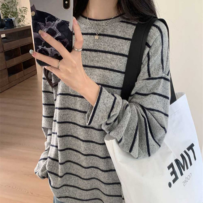 소비르 여성 긴팔 스트라이프 니트티 루즈핏 니트 티셔츠
