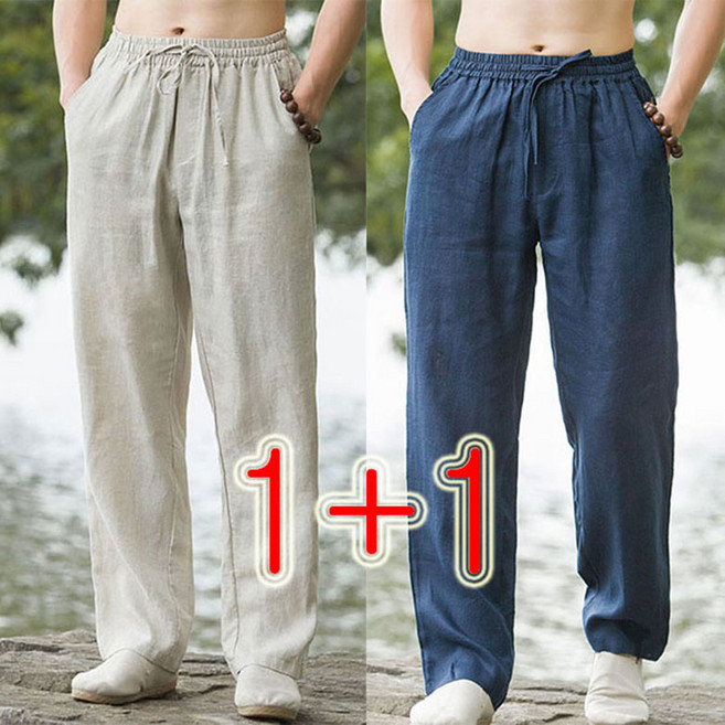 1+1 시원한 남자 데일리 린넨 밴딩 바지 와이드 팬츠 긴바지 봄 여름 슬랙스 팬츠 베이직 쿨바지 면 마 바지 WAWAMIYA