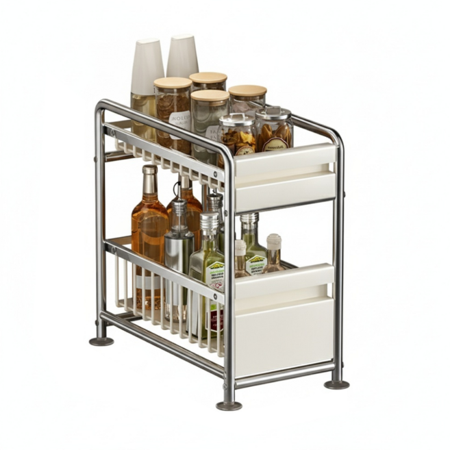 코코바움 주방 싱크대 2단 슬라이딩 수납 선반, 1개, 크림 화이트