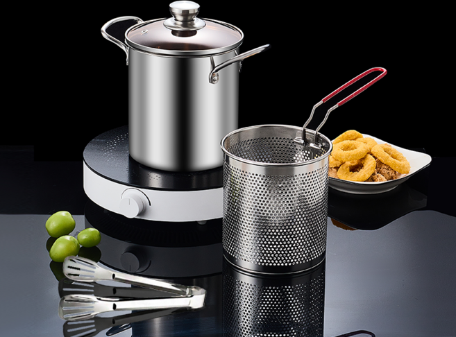 SMABAT 다용도 스테인리스 멀티팟 스텐 튀김냄비 캠핑 멀티팟 스텐 편수 냄비세트 튀김바스켓 포함, 스텐 손잡이, 1개