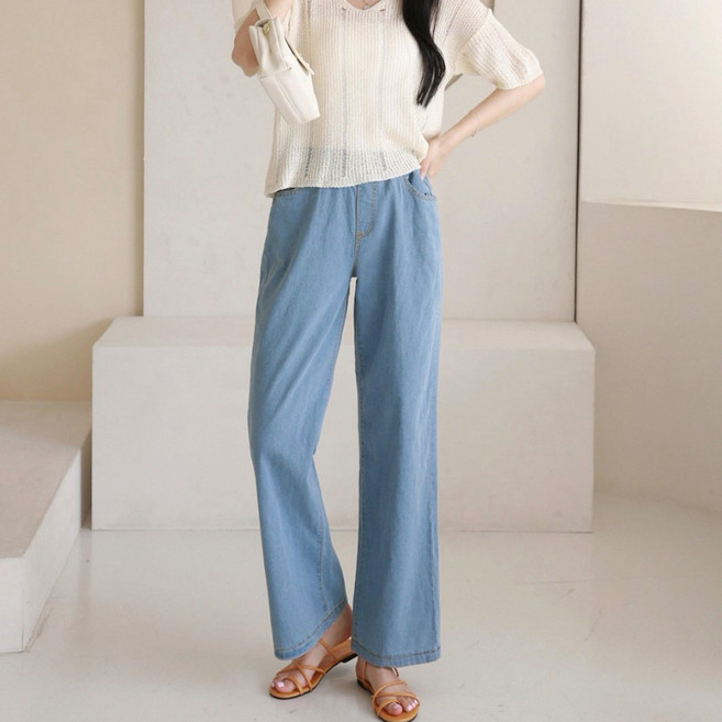 여성 여름 연청 밴딩 와이드 청바지 스판 데님 하체커버 통바지